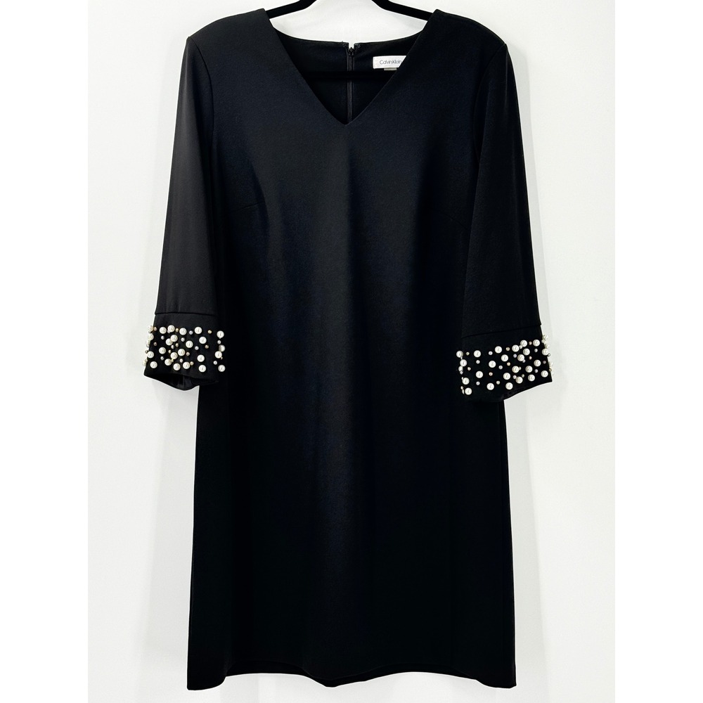 Calvin Klein Sheath Little Black Dress Womens 14W Pearl Cuff LBD‎ office evening